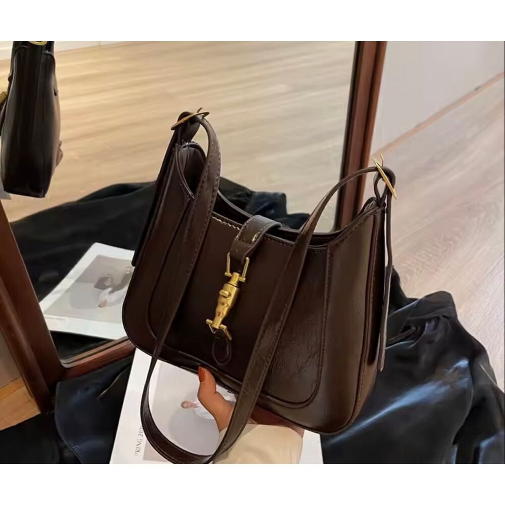 Luxury Vegan Leather Jackie Style Brown Shoulder Bag Gold Hardware Minimalist